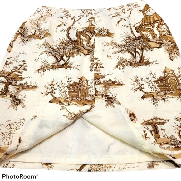 LINEN Skirt Oriental Pattern Cream and Brown A Line Midi Back Zip Skirt Size 14 - Picture 4 of 6
